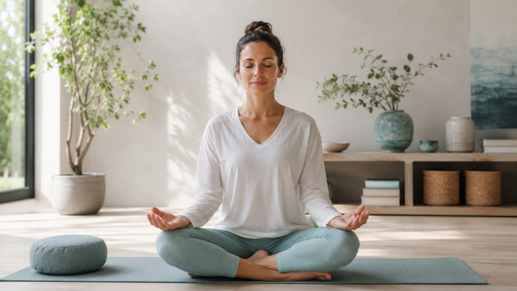 Calm person meditating near a window or nature scene