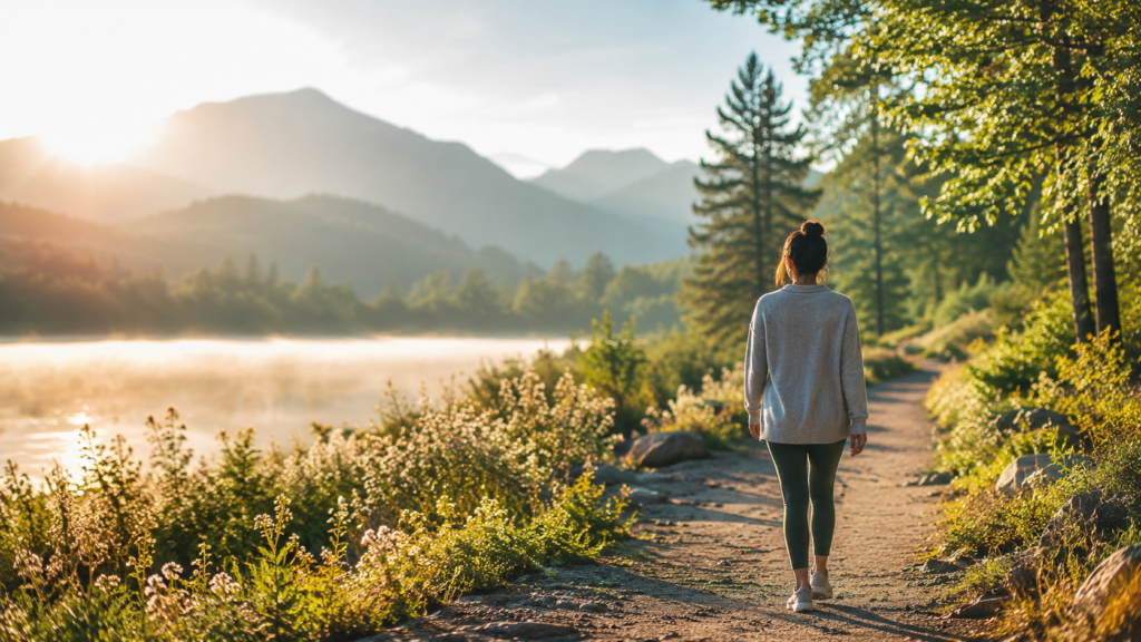 Person walking on a peaceful nature path for mental clarity and self-growth