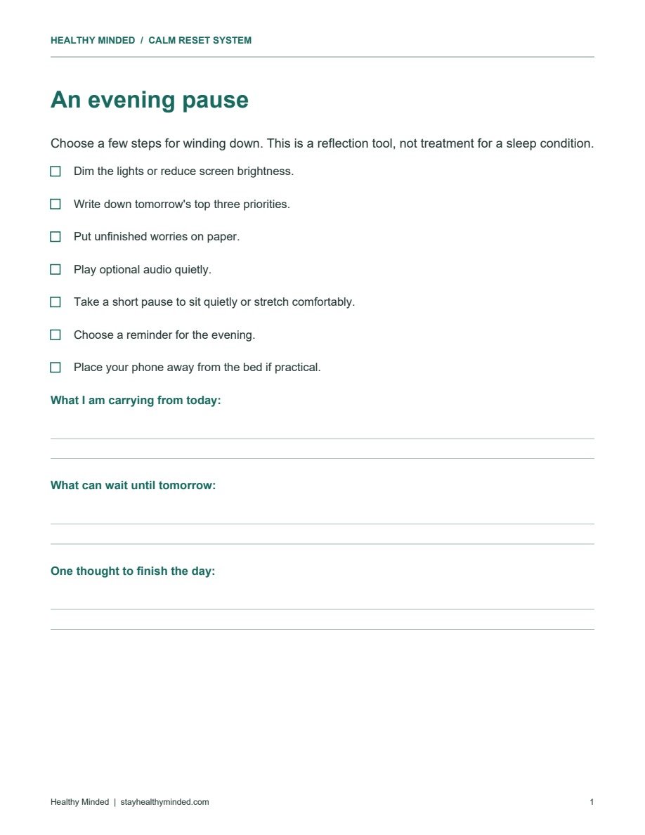 Sample evening checklist and reflection prompts