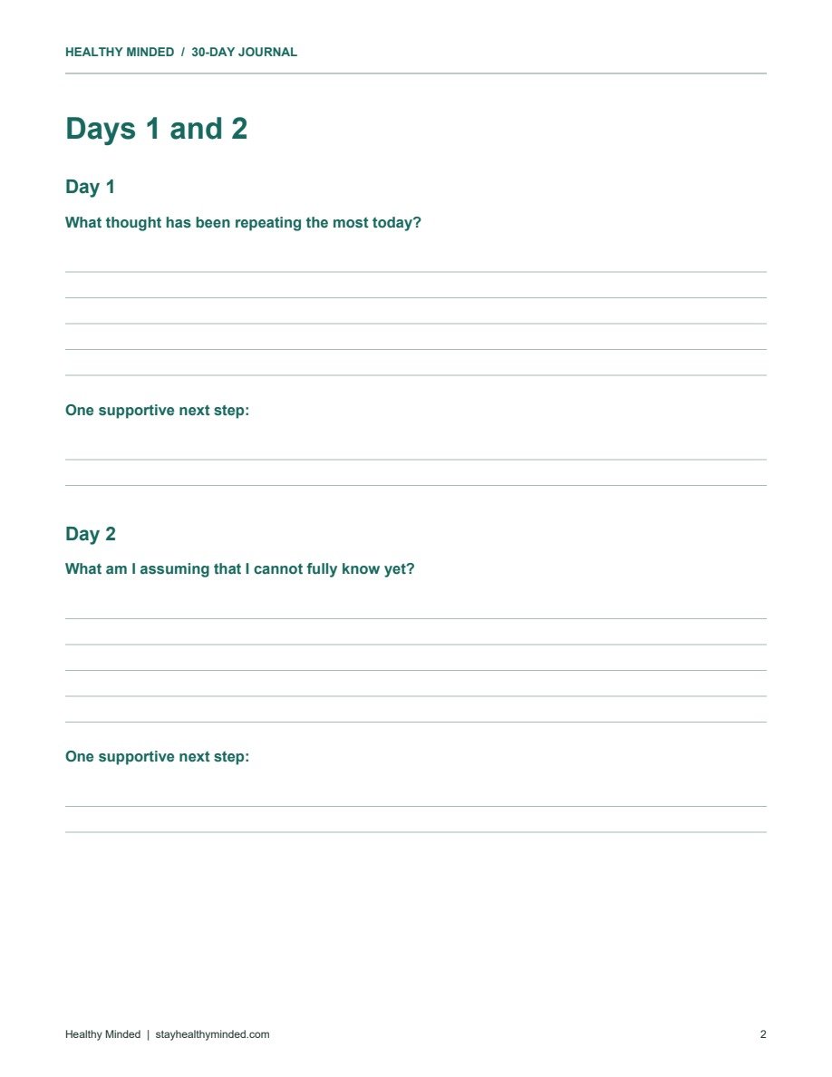 Sample of days 1 and 2 from the Overthinking Reset Journal
